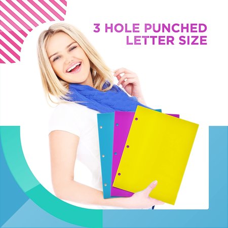 Better Office Products 3-Hole Punch 4 Pocket Glossy Laminated Paper Folders, Assorted Bright Colors, 6PK 80296